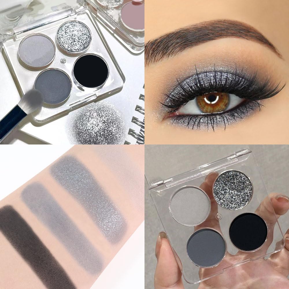 Eyeshadow Quads, 4 Black Smokey Grey Gray Silver Matte Shimmer Eye Shadow Makeup Palette Pigmented Silver Glitter Metallic Eyeshadow Makeup Palette sombra negra para ojos para ojos brillantes 01#