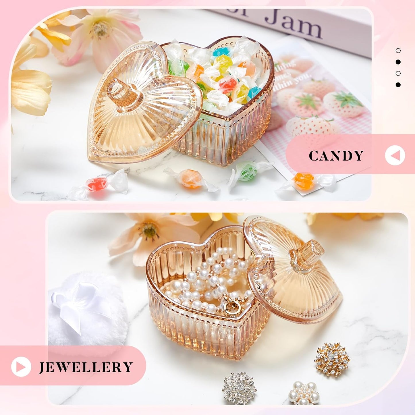 Tioncy 3 Pcs Large Body Powder Puff and Container Powder Container with Puff Crystal Case Soft Washable Reusable Velour Face Body Glitter Wet Dry Makeup(Heart,Amber)