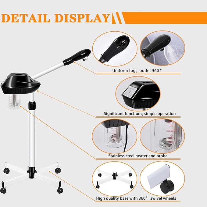 Professional Facial Steamer on Wheels, Ozone Facial Steamer with Time Setting, Stand Face Steamer Adjustable Height for Spa, Salon and at Home Use