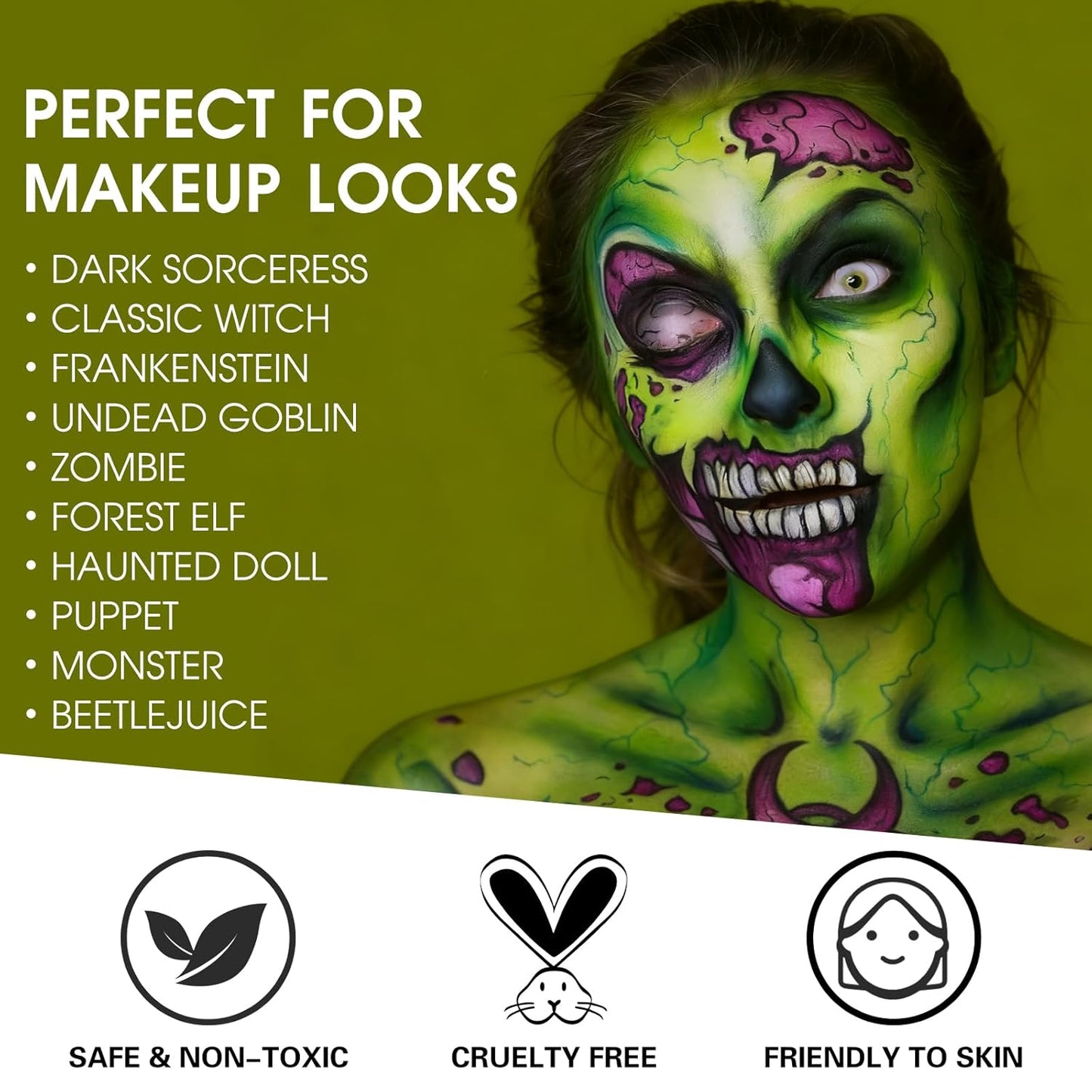 BOBISUKA Light Green & Black Face Body Paint Stick Kit with Black Lipstick & Eyeliner Pen, Setting Powder & 2 Sponges – Halloween Makeup Set for Beetle Juice, Demon, Monsters, Witches & Gothic Looks