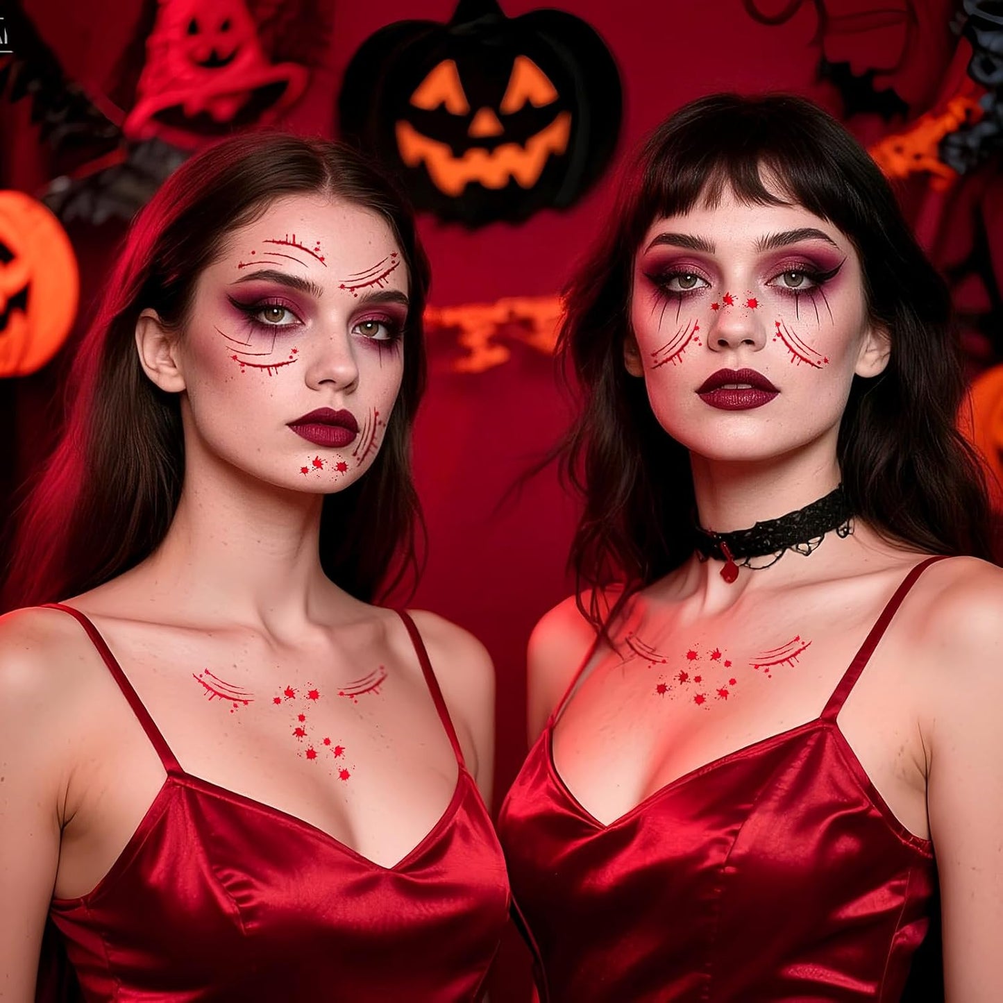 Halloween Wound Simulation Face Tattoo Stickers - Halloween Glitter Freckles Face Tattoo, Red Glitter Freckles Face Tattoo for Women Men 6p