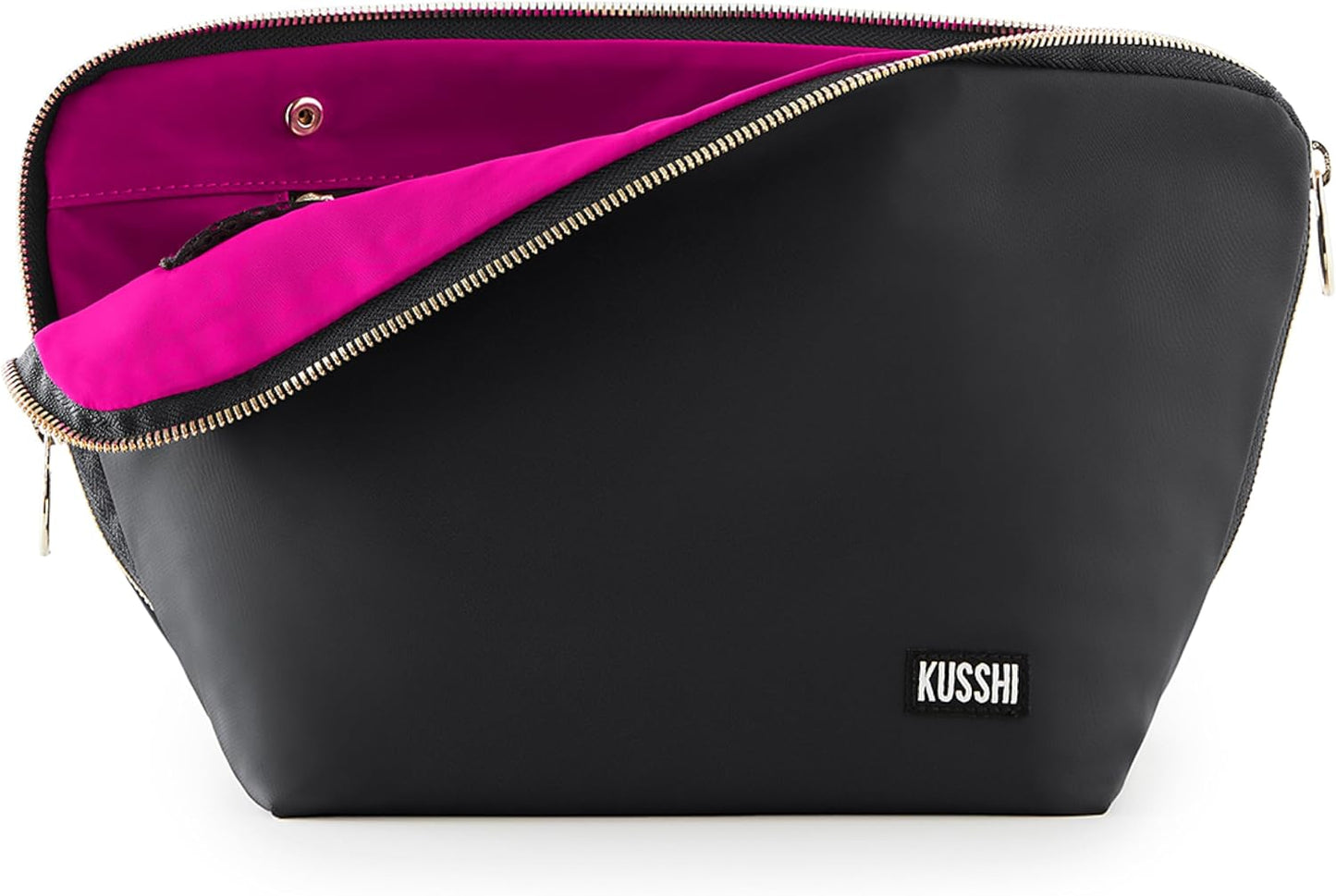 KUSSHI Washable Travel Makeup & Cosmetic Bag - Brush Organizer Sold Separately (Vacationer, Satin Black/Pink)