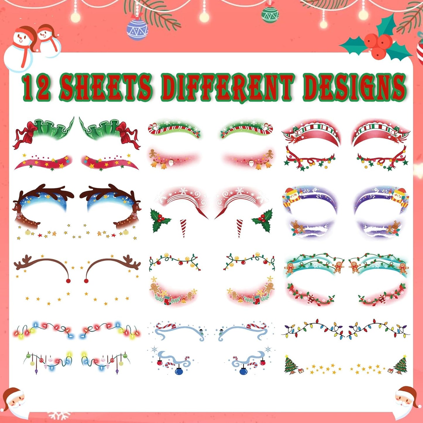 Christmas Eye Shadow Temporary Tattoos Stickers Face Makeup Patches, Xmas Tree Santa Claus Eyeliner Decals Fake Tattoos for Women Girls, Christmas Stocking Stuffers Party Supplies