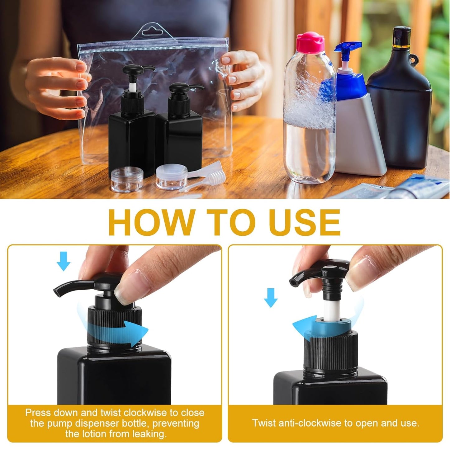 Domensi 50 Pcs 100ml /3.4 oz Pump Bottle Mini Travel Bottles Small Dispenser Containers Plastic Pump Lotion Dispenser Empty Square Travel Size Containers Toiletries (Whole Black)