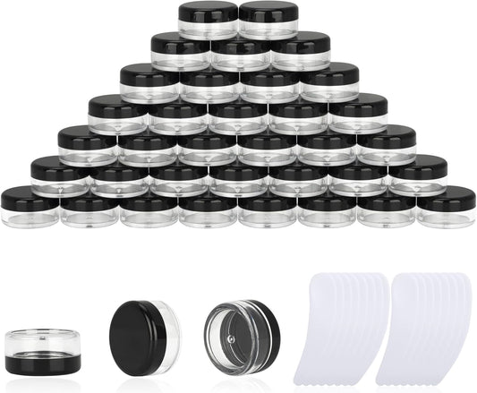 200PCS 3 Gram Sample Containers, 3ml Empty Jars with Lids, Small Cosmetic Containers, Mini Sample Jars with 16PCS Mini Spatulas for Make Up, Oils, Lotion, Powder, Paint, Jewelry, Lip Balms(Black Lid)
