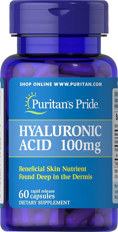 Puritans Pride Hyaluronic Acid 100mg, Dietary Supplement for Skin Hydration, 60 Rapid Release Capsules