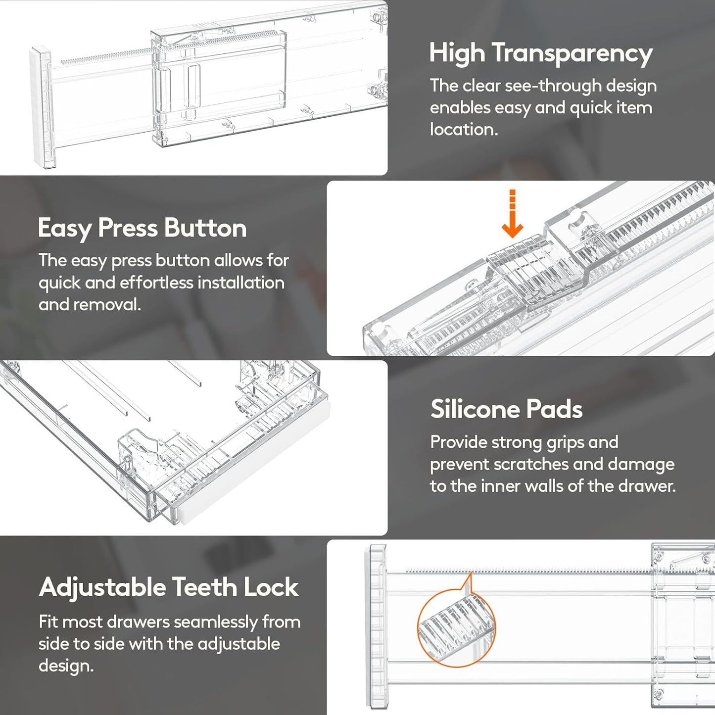 Lifewit Clear Drawer Dividers Adjustable Clothes Drawer Organizers, Expandable Drawer Separators, 5 Pack, 4" High/11-17 Long
