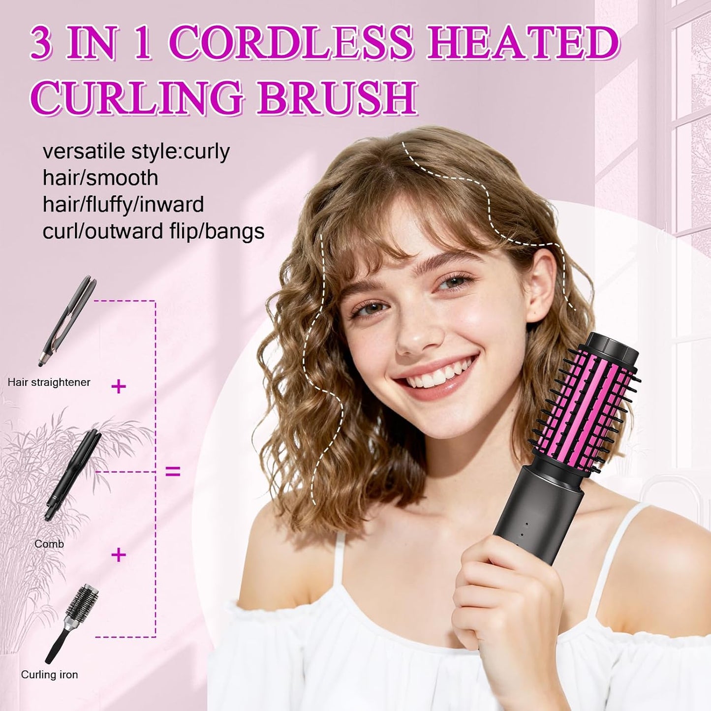 Mini Cordless Curling Iron Brush, Portable Hair Straightening Brush, Cordless Hair Curler Anti-Frizz with Negative Ions, 3-in-1 Crimper Hair Tool, Rechargeable Wave Curling Wand - Night Purple