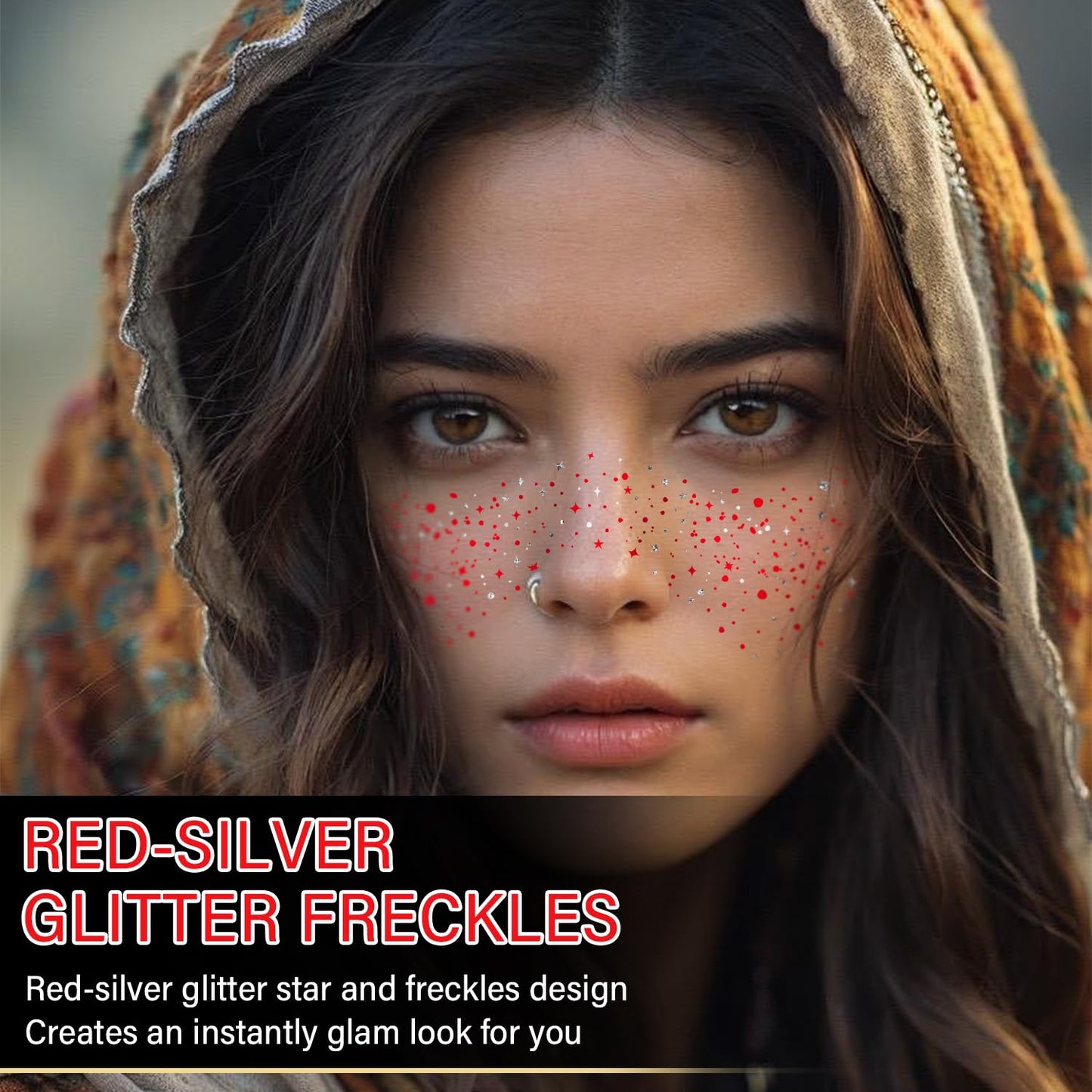 10 Pcs Red-Silver Dual-tone Glitter Freckles, Double Colors Glitter Freckles Face Tattoo, Waterproof Face Sparkle Freckles, Long-lasting 48h Freckles Special for Christmas