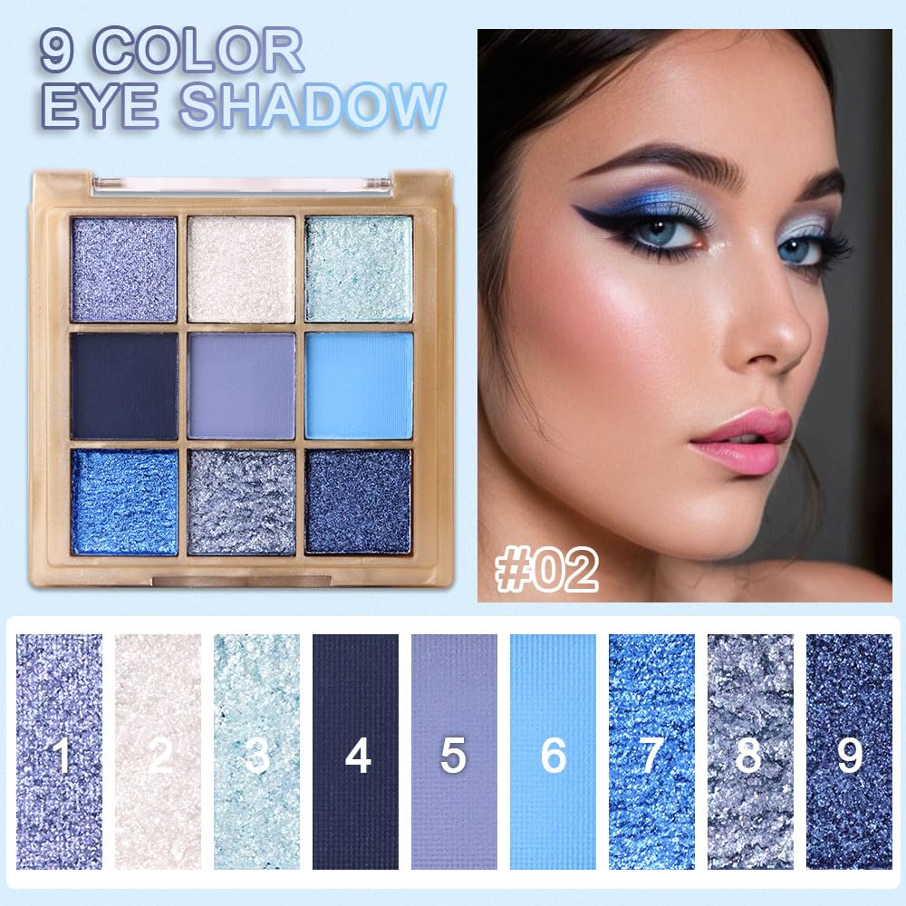 9 Colors Blue Eye Shadow Palettes,Dark Light Royal Cobalt Baby Sky Navy Blue Eyeshadow Palette for Older Women,Natural Powde Travel Size Eye Shadows Waterproof Long Lasting Naturing-Looking
