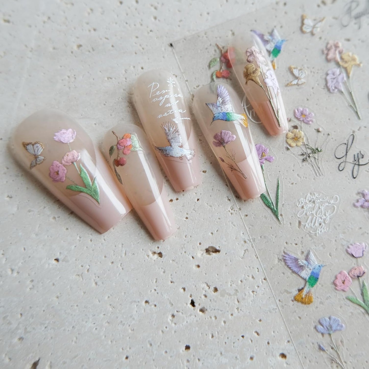 Hummingbird Flower Nail Stickers, Irises Decals, Floral Art Design, Self-Adhesive Accessories for Women, Aesthetic Supplies