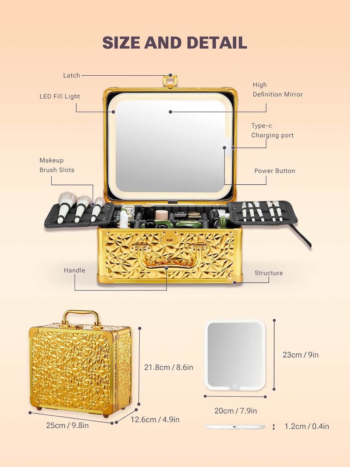 Qislee Makeup Box with A Detachable Lighted Mirror, Waterproof Travel Train Case, Cosmetic Organizer Bag and Makeup Suitcase with Adjustable Dividers, Magnetic LED Mirror (Bling Gold)