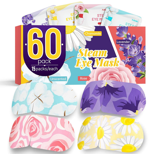 AROIC 60 Pack Steam Eye Masks Disposable for Dry Eyes, Heated Eye Mask Warm Compress for Eyes, Relaxation Gifts, Travel Essentials - Lavender, Unscented, Chamomile, Rose