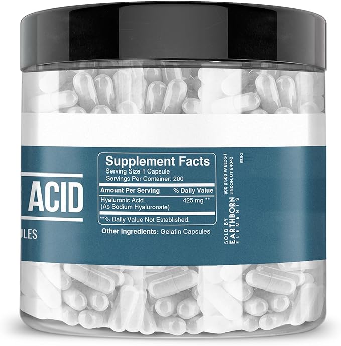 Earthborn Elements Hyaluronic Acid 200 Capsules, Pure & Undiluted, No Additives