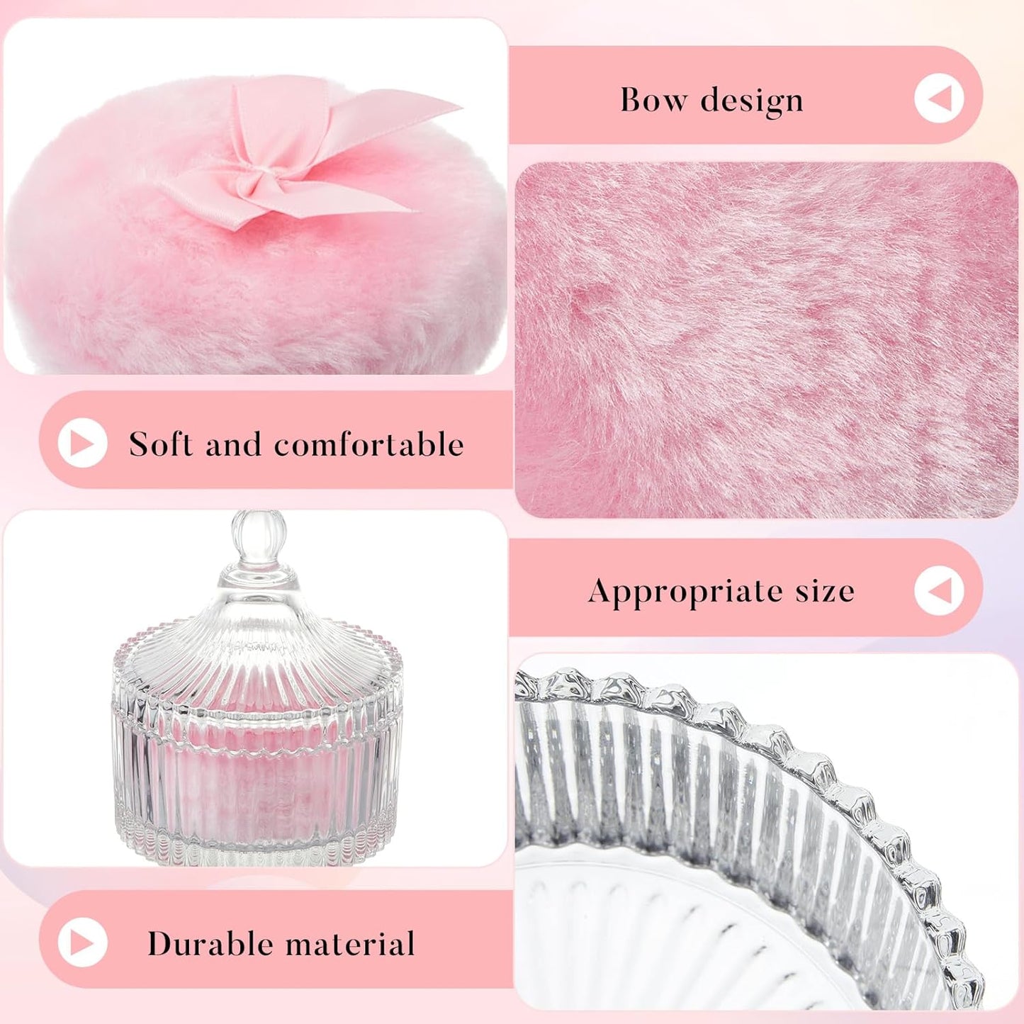 Tioncy 3 Pcs Large Body Powder Puff and Container Powder Container with Puff Crystal Case Soft Washable Reusable Velour Face Body Glitter Wet Dry Makeup(Simple,Clear)