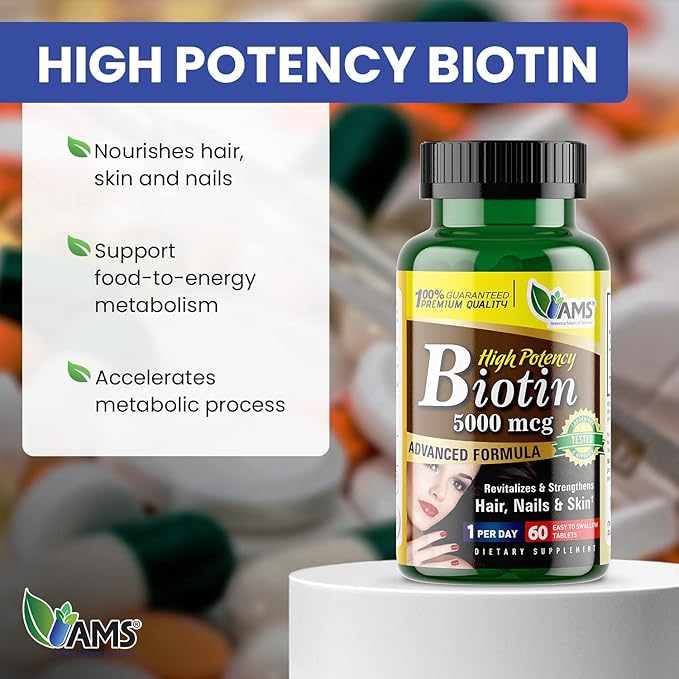 America Medic & Science High Potency Biotin 5,000 mcg | Vitamin B7 Dietary Supplement for Men and Women | Hair Growth Support | for Healthy Skin, Nails, and Metabolism