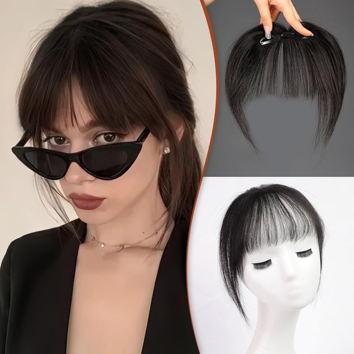 HAIRCUBE Real Human Hair Bangs Clip in Hair Extensions - Air Bangs Hairpieces for Women with Temples, 3 Secure Clips, Full Fringe, Natural Black
