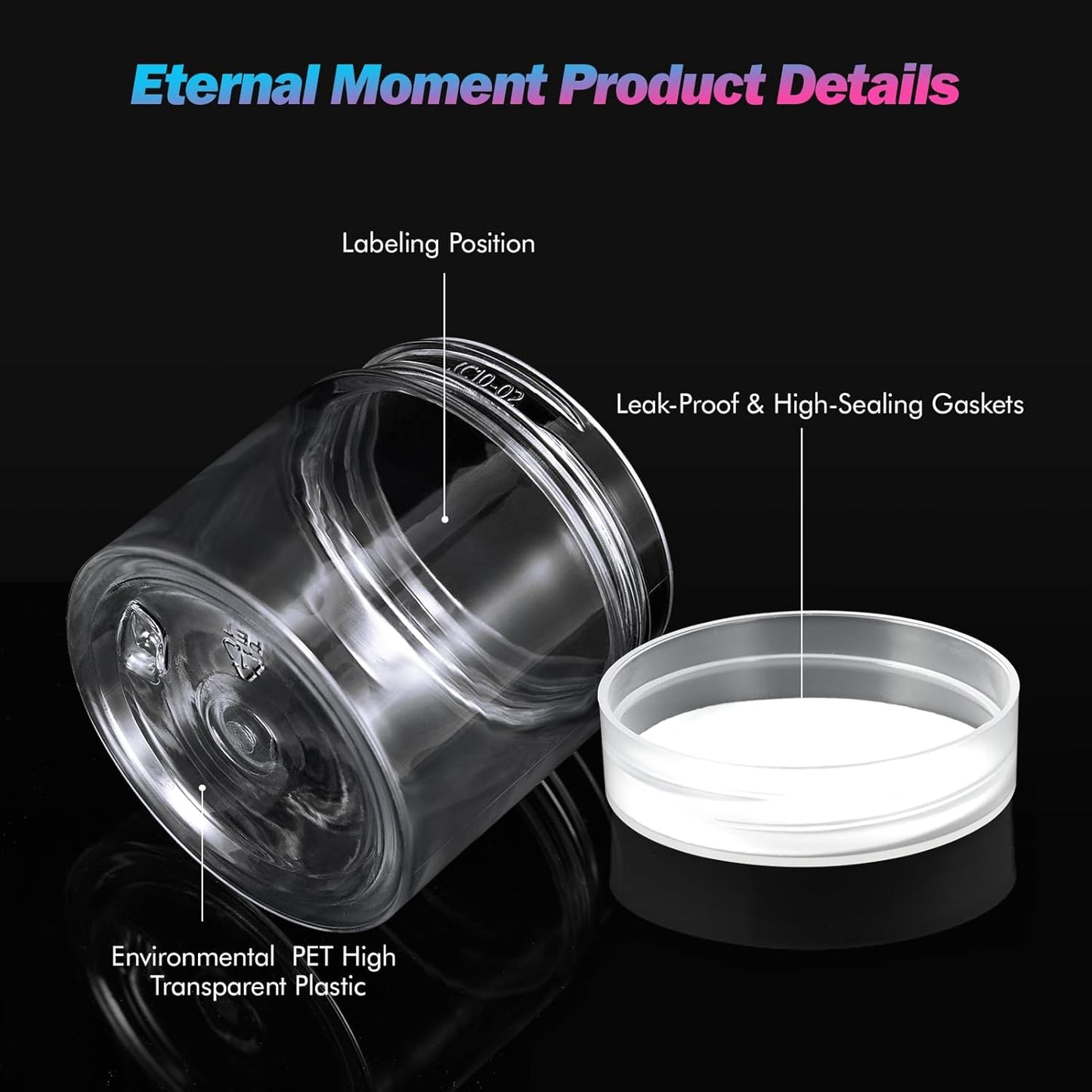 50 Pack 2 OZ Plastic Jars Round Clear Cosmetic Container with Clear Lids, Eternal Moment Slime Jars for Lotion, Cream, Ointments, Makeup, Eye shadow, Rhinestone, Samples, Pot, Travel Storage