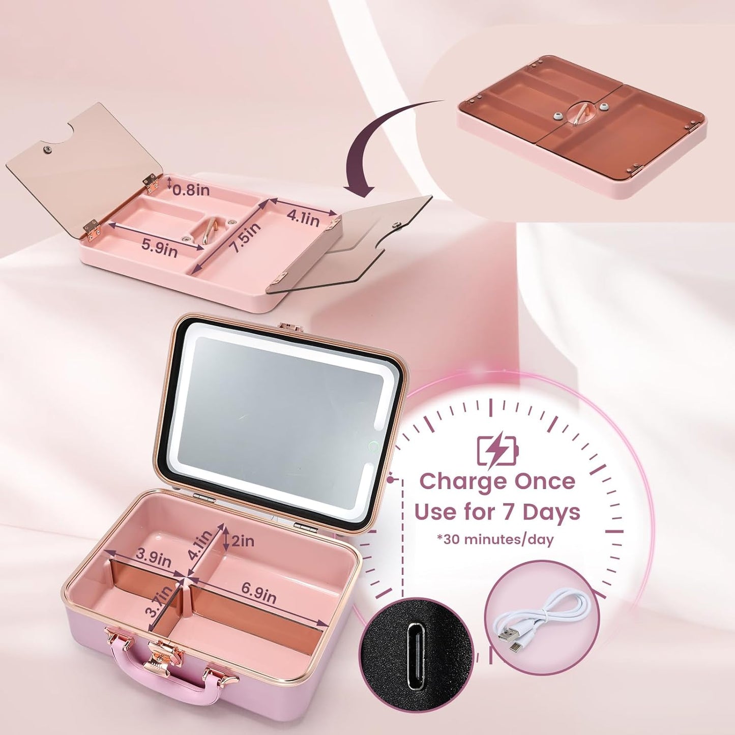 Travel Makeup Case with LED Lighted Mirror 12 Inch Portable Makeup Box Organizer Adjustable Brightness in 3 Colors Cosmetic Storage Case with Dividers Hard Aluminum Shell Vanity Box Pink