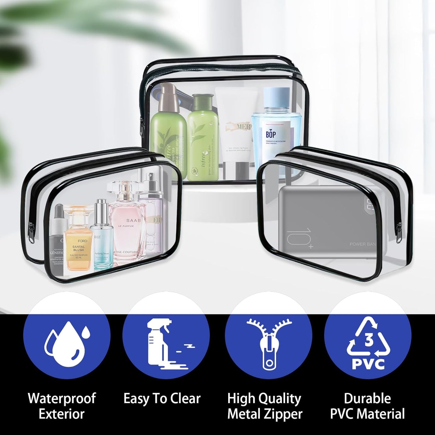 16 Pieces Clear Cosmetic Bags PVC Clear Makeup Bags TSA Approved Toiletry Bag with Zipper Waterproof Vinyl Plastic Organizer Storage Transparent Pouch for Women and Men (Black, Small)
