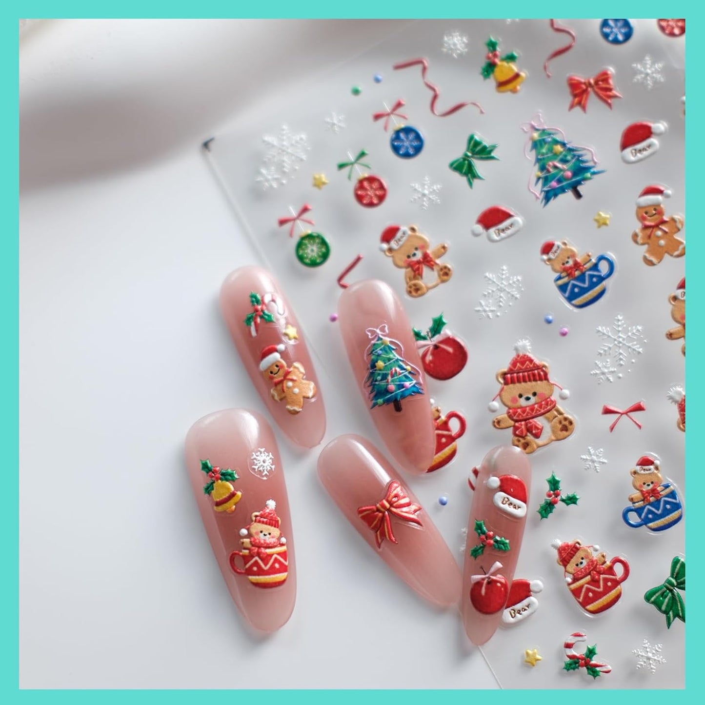 Christmas Bear Nail Stickers, Embossed Decals, Cute Design, Accessories for Women, Self-Adhesive Nail Art Supplies