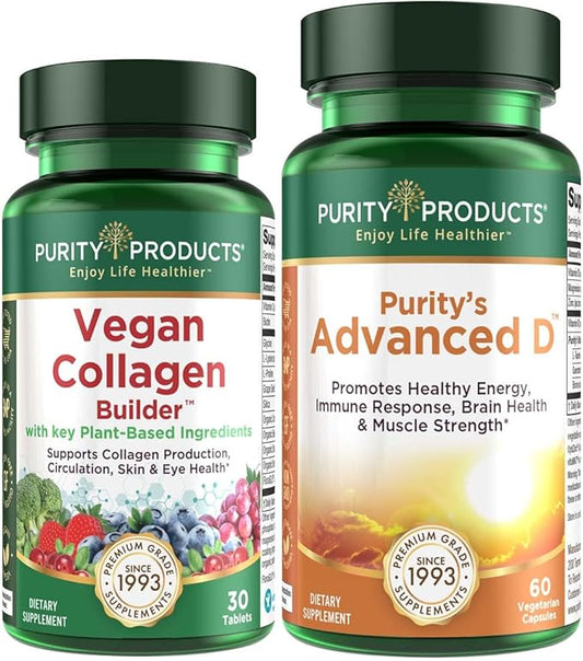 Purity Products Vegan Collagen Builder + Dr. Cannell's Advanced D Bundle Organic Fruits + Vegetables, Vitamin D3, K2 (Menaquinone MK-7 MK-4), Vitamin C, Lutein, Biotin - 30 Servings