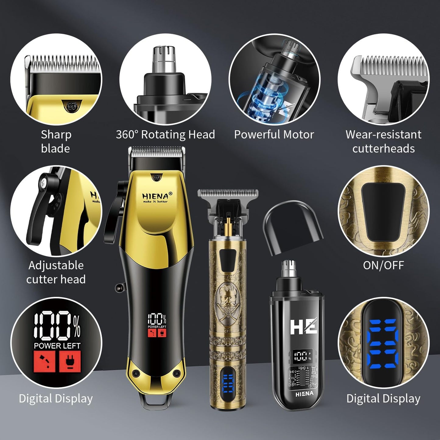 HIENA PRO Professional Hair Clippers & Cordless Barber Clippers for Men, Rechargeable Trimmer Set and Facial Grooming Tool Kit, Ear, Nose Hair Trimmer Set, Gifts for Men