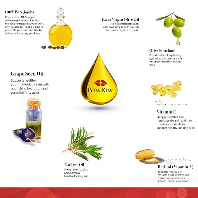 Bliss Kiss | Fragrance Free | Nail Oil Cuticle Dropper w/Vitamin E & Jojoba⏤Nail Strengthener Nail Growth Oil and Serum for Brittle Peeling Breaking Thin Nails | 0.5oz |