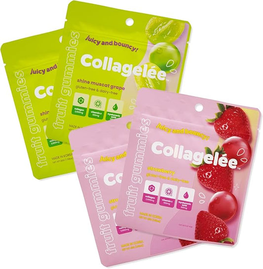 Collagelee Collagen Infused Gummies - Marine Collagen Supplements with Vitamin C, Hyaluronic Acid, & Biotin - Korean Collagen Supplements (2 Shine Muscat Grape & 2 Strawberry)