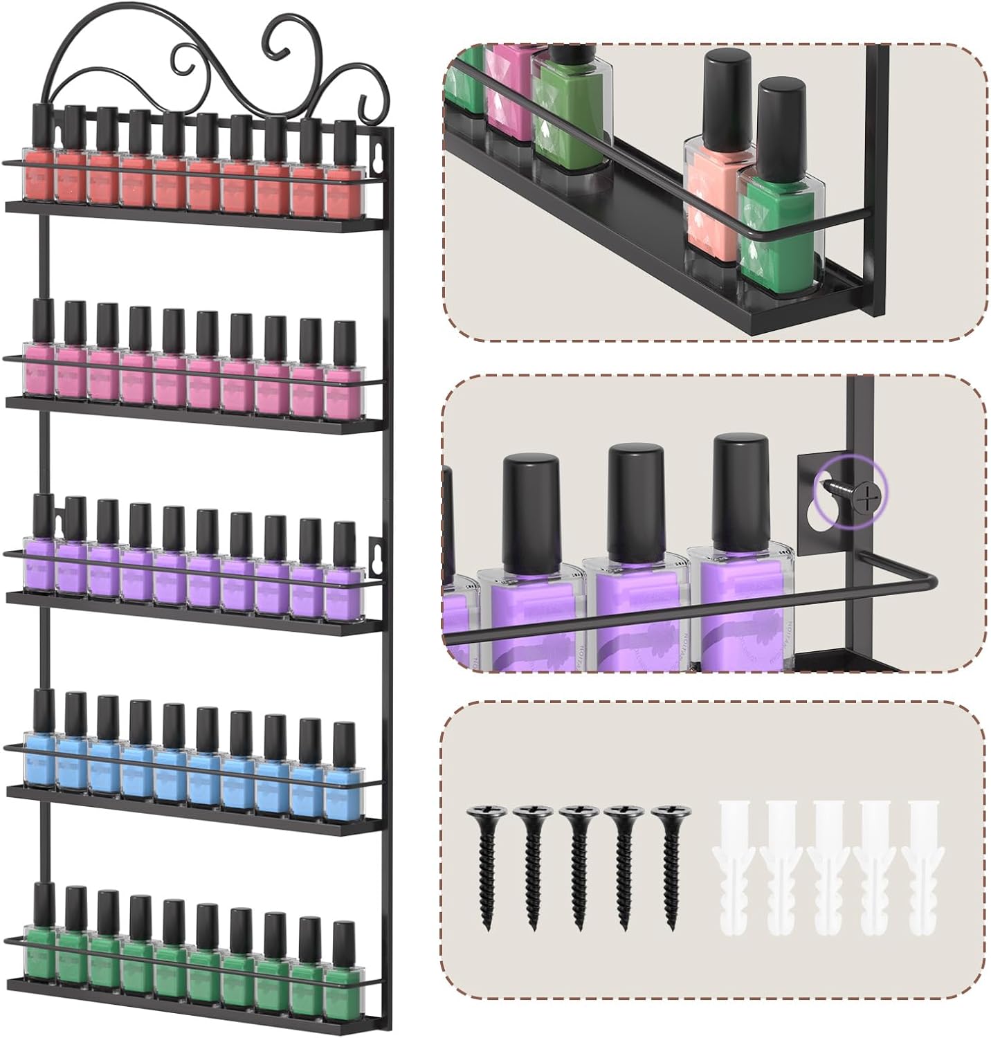 ERYTLLY Wall Mounted Nail Polish Rack, Rectangle Nail Storage Organizer, Salon Shelf Organizer (Black)