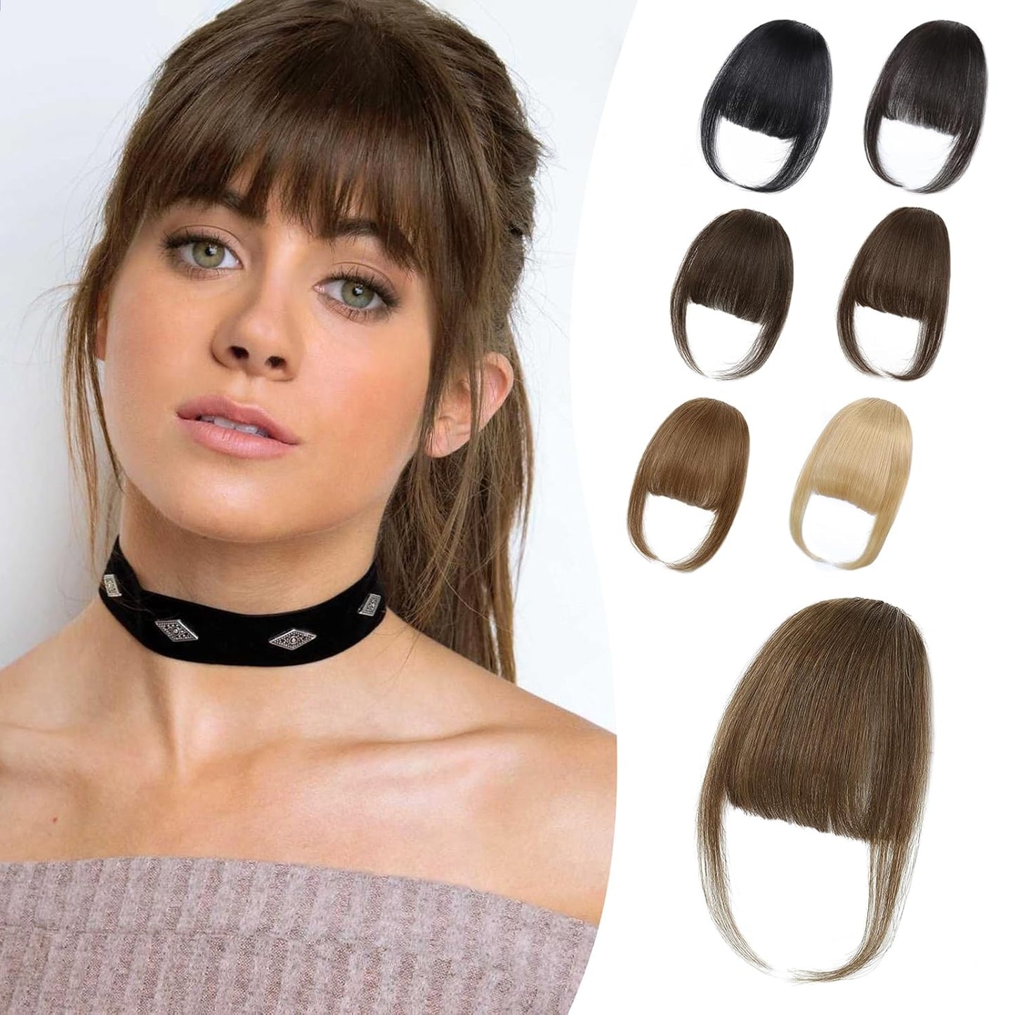 Wispy Bangs Hair Clip, 100% Human Hair Clip In Brown Bangs for Women, Soft Layered Fake Bangs with Feathered Fringe, Easy Clip-On Design for Daily Wear & Halloween