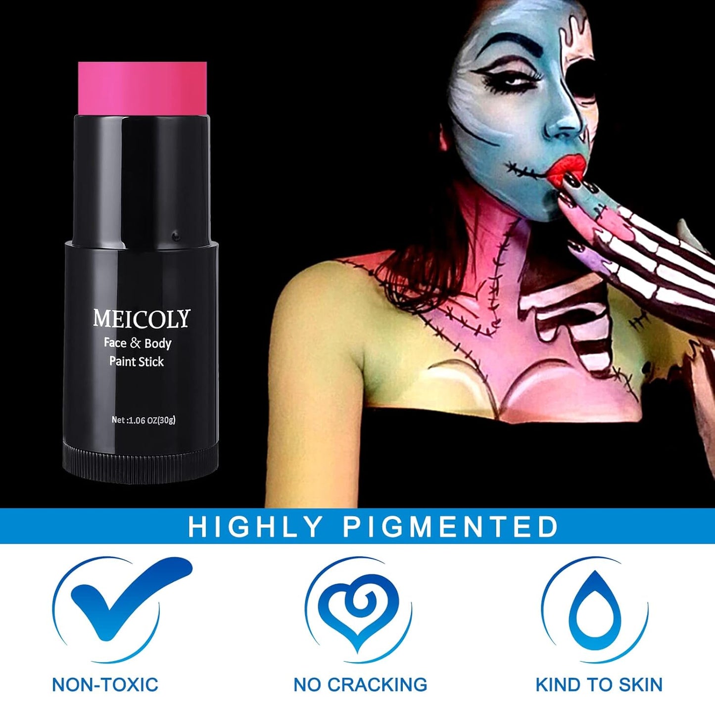 MEICOLY Pink Face Body Paint Stick(1.06Oz),Waterproof Sweatproof Pink Eye Black Softball/Baseball/Football,Cream Body Paint,Blendable Face Paint for Halloween Special Effects SFX Makeup