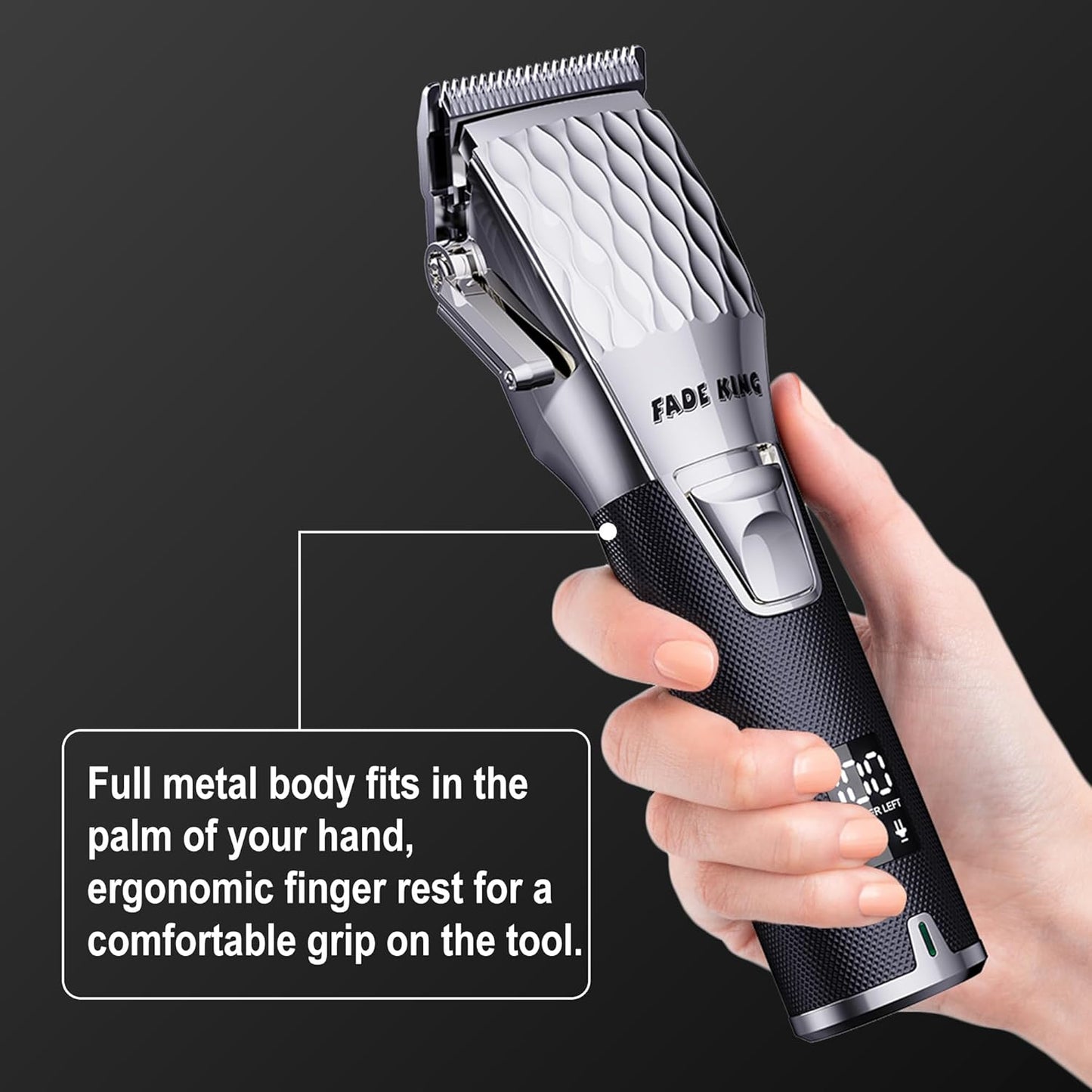 FADEKING® Professional Hair Clippers for Men - Cordless Hair Clippers, LCD Display Barber Clippers for Hair Cutting & Mens Grooming with Travel Case(Silver+Black)
