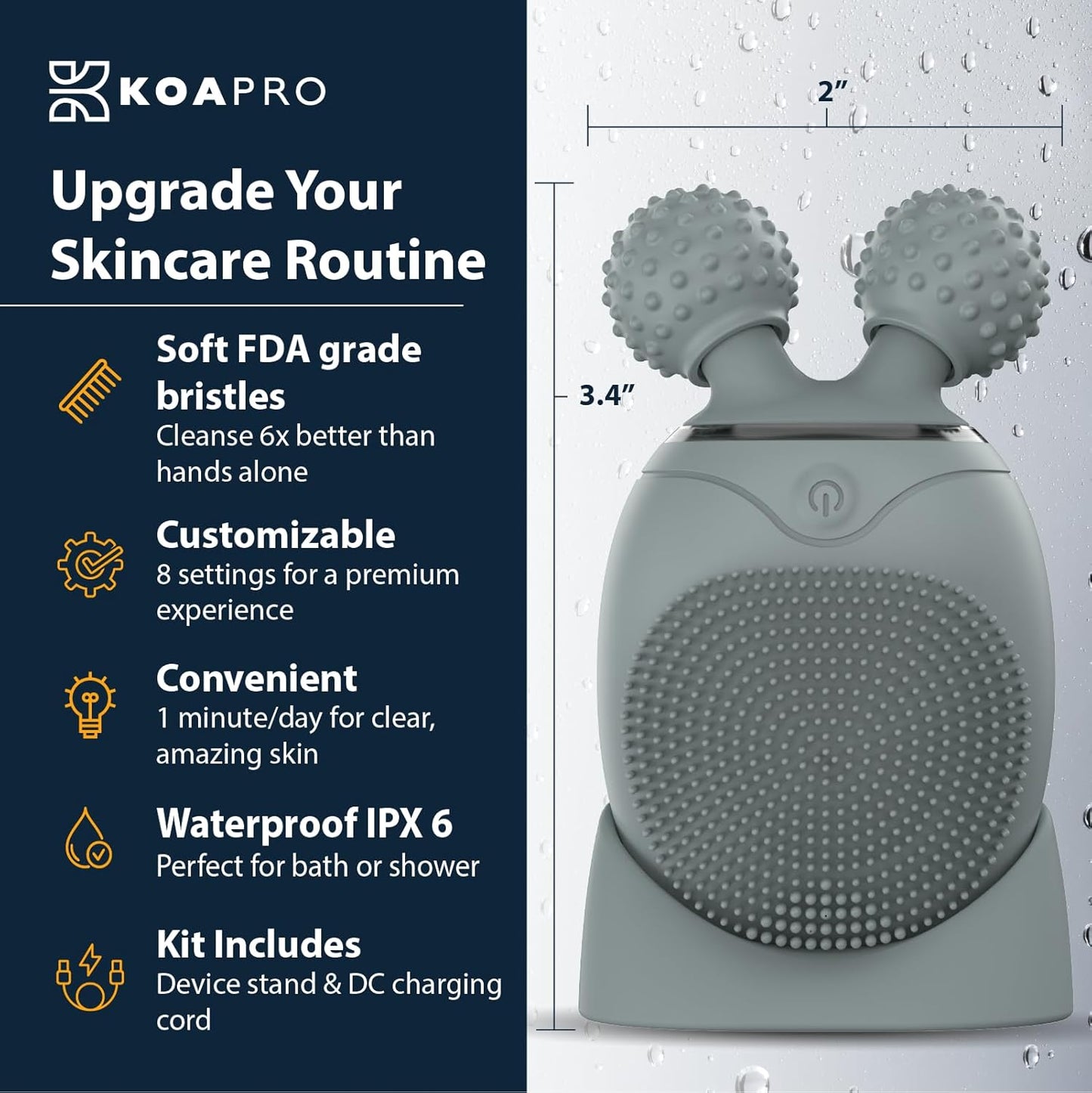 KOAPro Facial Cleansing Brush Exfoliating Face Scrubber for Women and Men, Waterproof Face Brush Cleanser, 3-in-1 Rechargeable Electric Facial Massager Tool, Reusable Sonic Silicone Scrubber