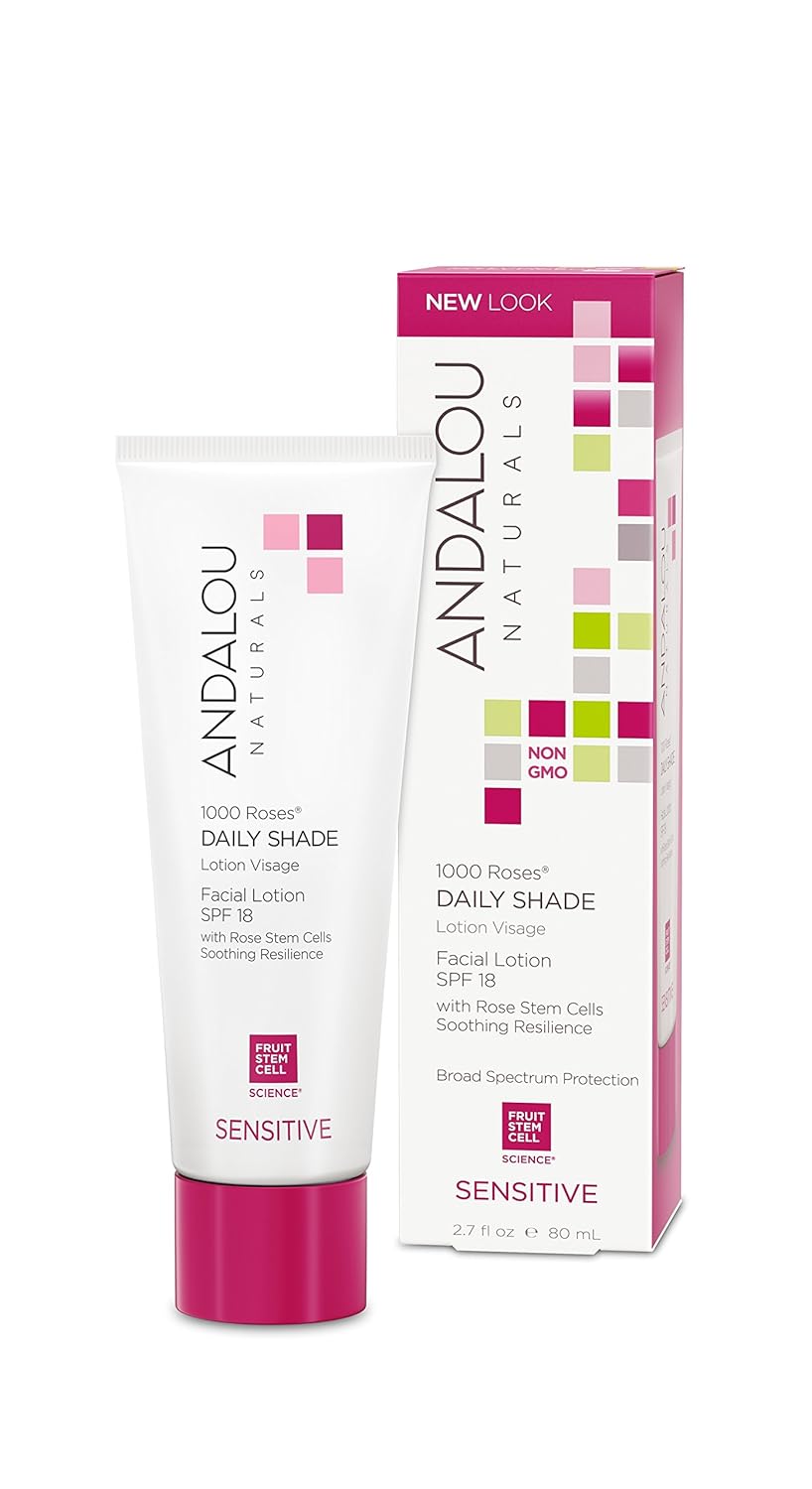 Andalou Naturals 1000 Roses Daily Shade Facial Lotion SPF 18 - 2-in-1 Skin Moisturizer & Face Sunscreen - Ultra Sheer & Hypoallergenic Skincare for Sensitive Skin - With Aloe Vera - 2.7 fl oz