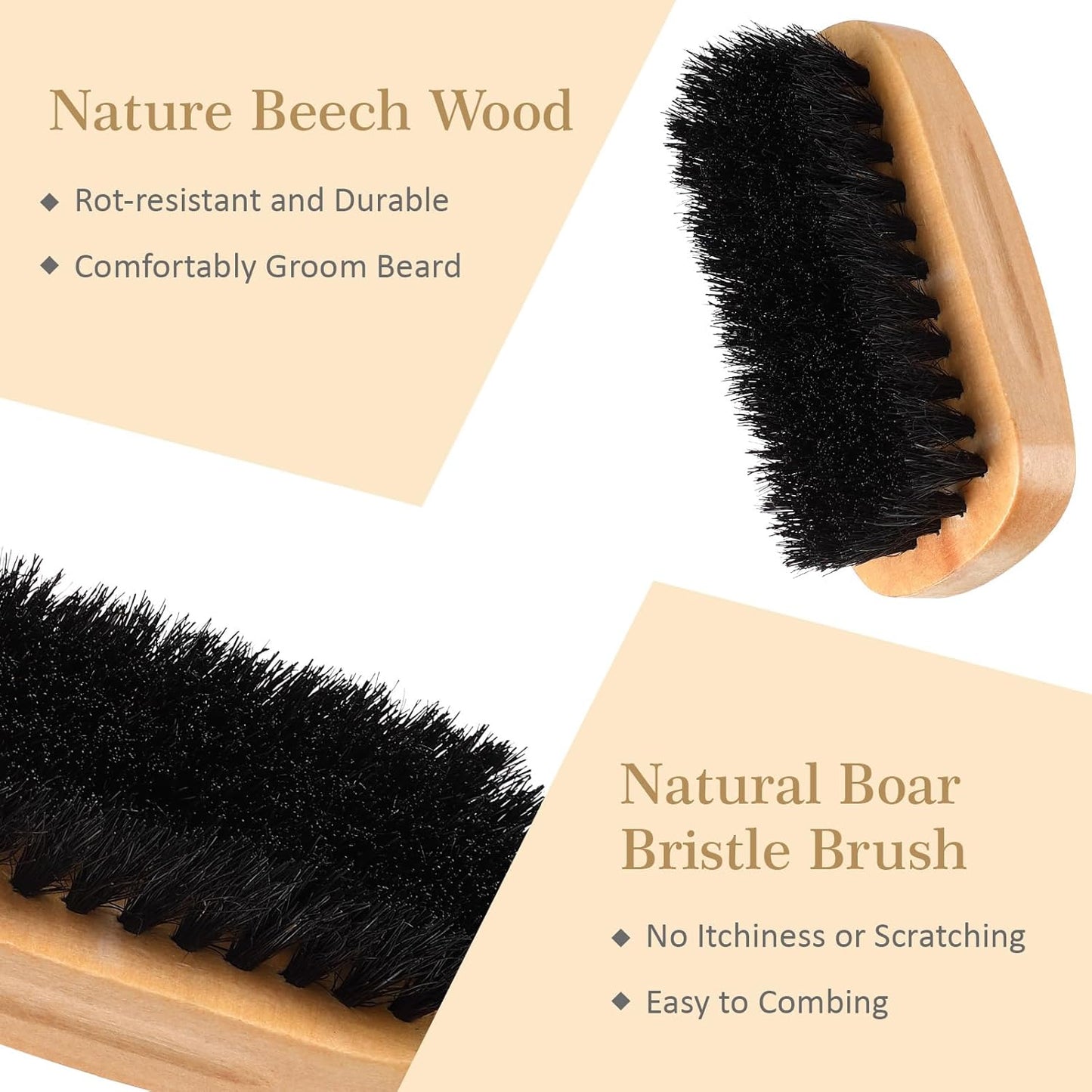 10 Sets Natural Boar Bristle Brush, Pear Wood Dual-Sided Wide Tooth Comb, Travel Pouch - Beard Grooming Kit for Men's Beard Care, Valentine's Gift (Rectangle)