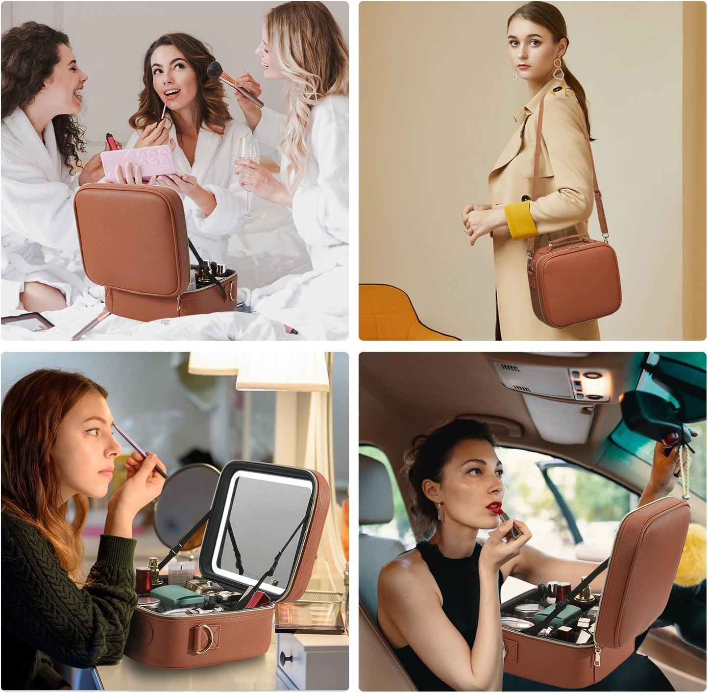 Mocado Travel Makeup Bag with LED Lighted Mirror, Travel Makeup Organizer, Makeup Case with 3 Color Lighted Setting and 10x Magnifying Mirror, Portable Storage and Adjustable Dividers(Orange Brown)