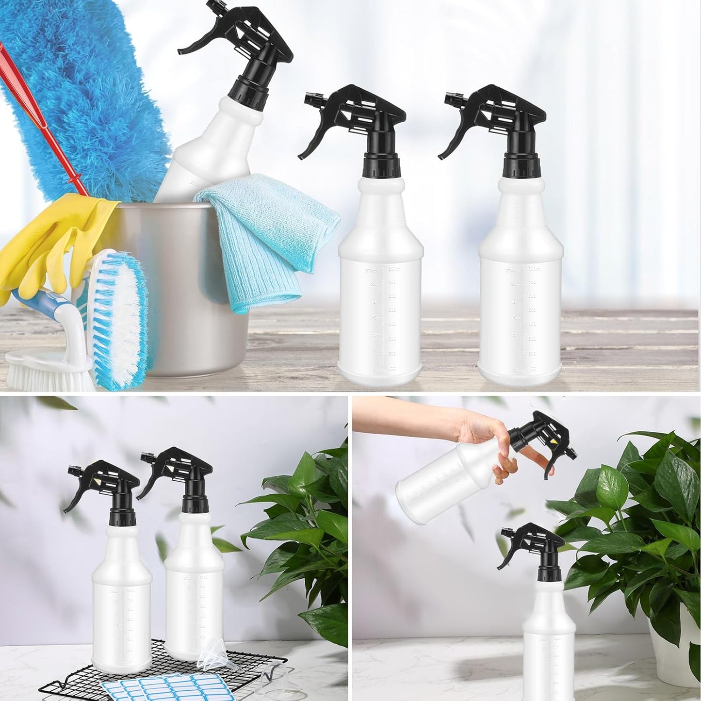 Zubebe 24 Pack 32 oz Plastic Spray Bottle Bulk Empty Leakproof Heavy Duty Spray Bottles for Cleaning Supplies Mist Bottles with Label and Adjustable Nozzle for Plant(Black,Clear Scale)