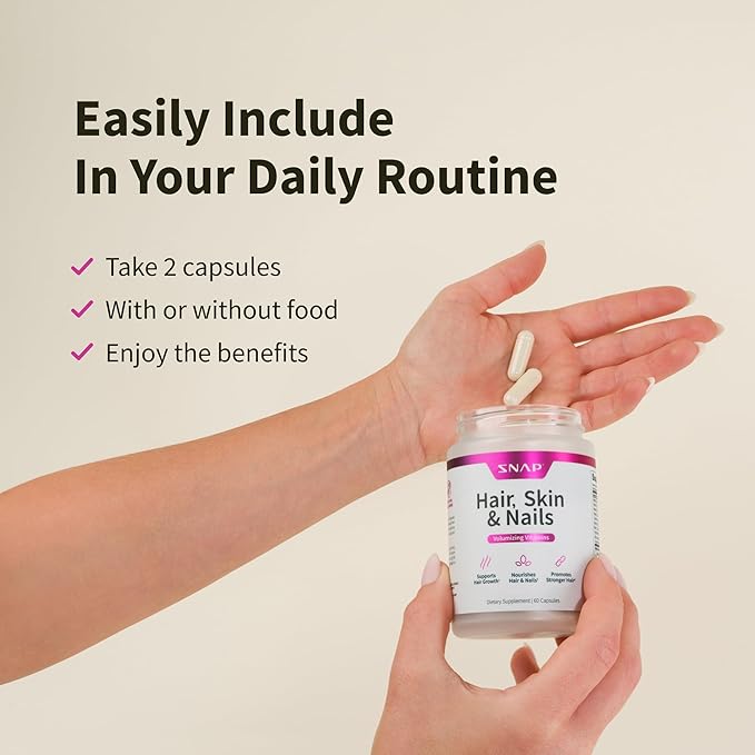 Snap Supplements Hair, Skin and Nails Vitamins, Support Hair Growth, Nourish Skin and Nails with Biotin, Collagen, Kelp, Bamboo and Other Vitamins, Radiant Skin, Strong Hair and Nails, 60 Capsules