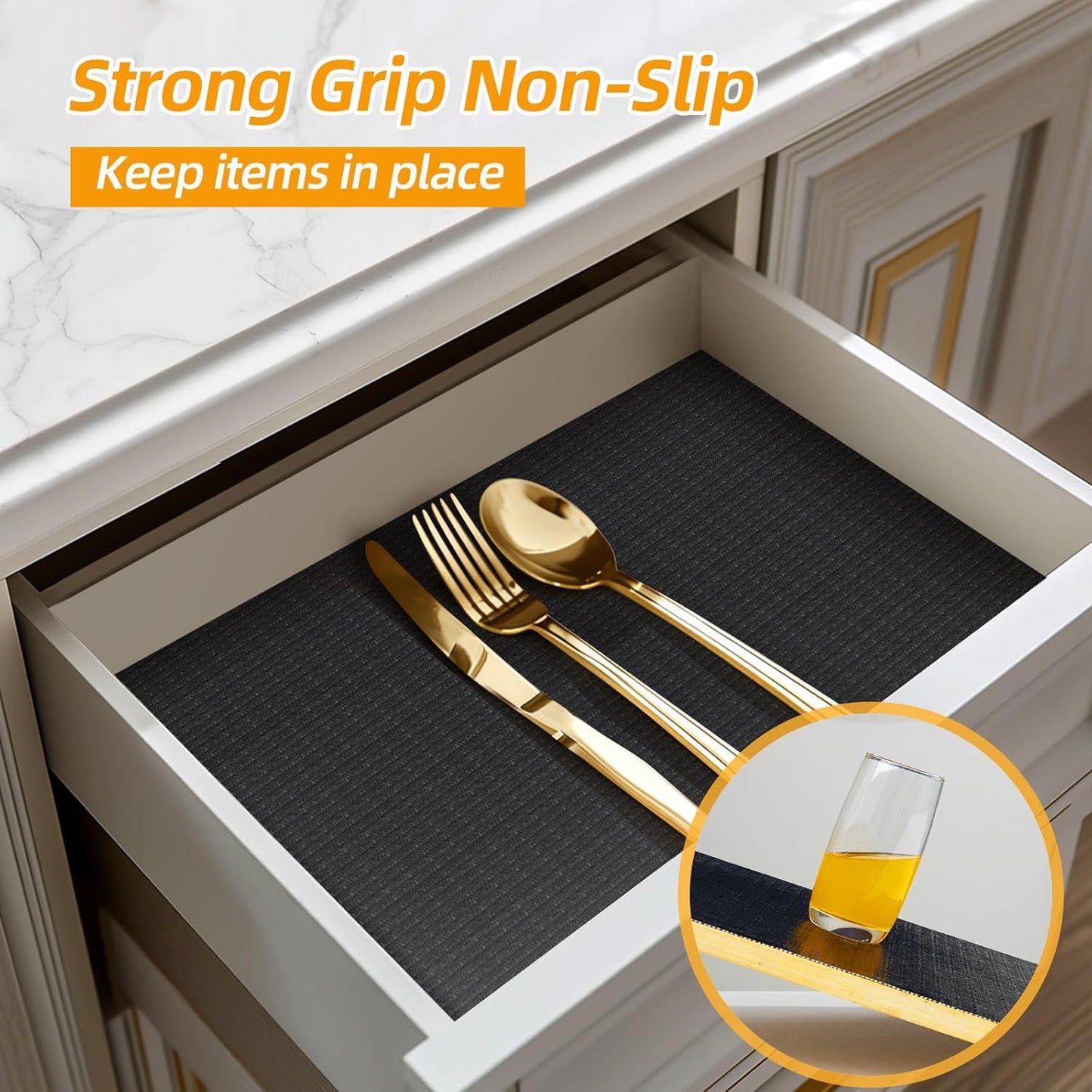Shelf and Drawer Liner for Kitchen Cabinets Non-Adhesive, Strong Grip Non-Slip Thickened Cabinet Liners for Shelves, Waterproof Mats for Dresser Cupboard, Black, 12 in x 30 Feet