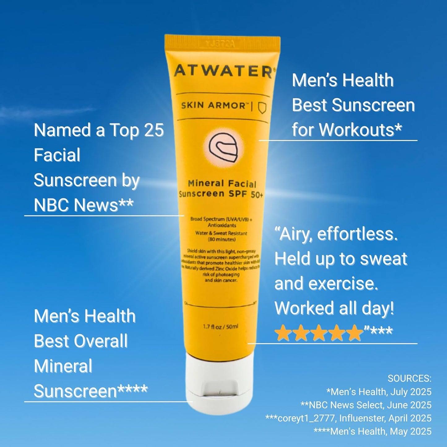 ATWATER Skin Armor Mineral Face Sunscreen SPF 50+, Ultra Light All-in-One Sunblock Moisturizer for Men and Women, Water & Sweat Resistant - 1.7 oz