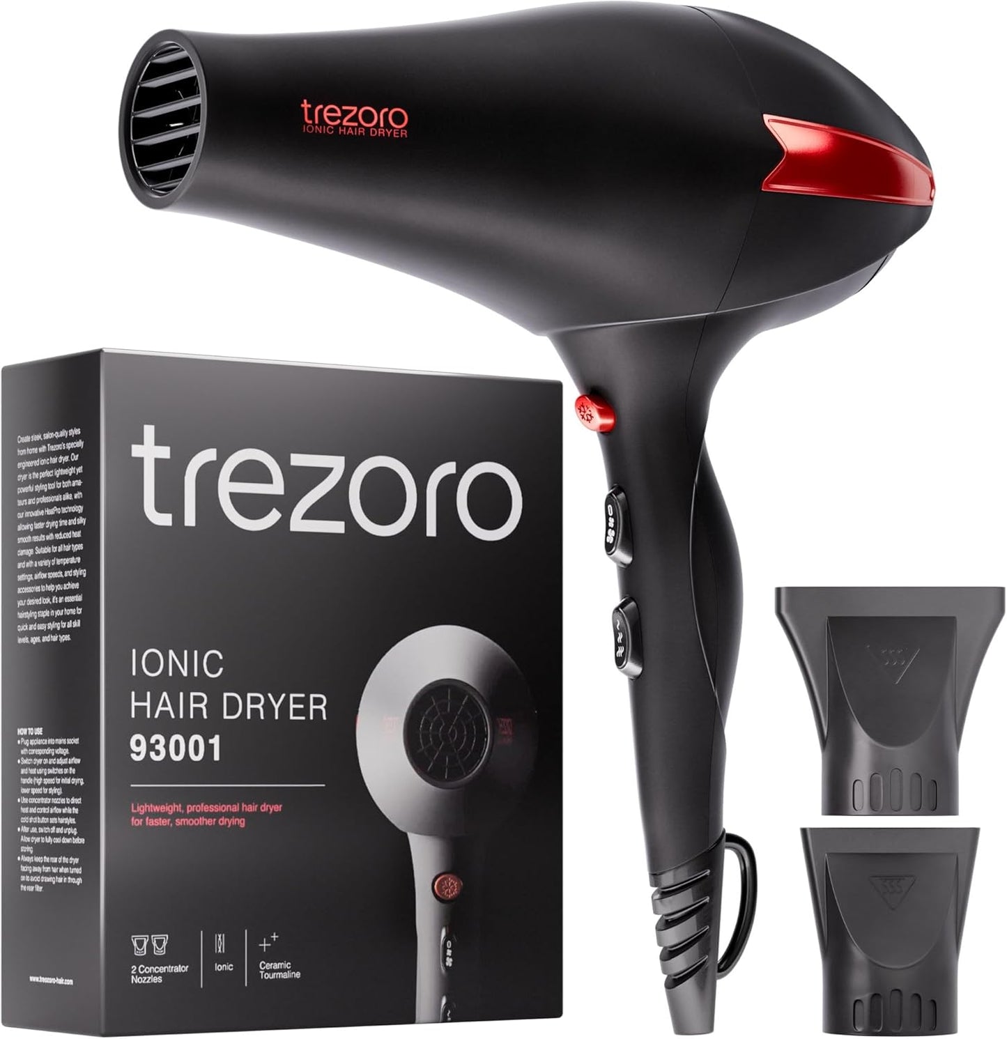TREZORO Professional Blow Dryer for Women – Ionic Hair Dryer 2000W for Salon & Personal Use – Powerful, Fast & Quiet Drying for Curly Hair, Unwanted Frizz – Design for Travel – 8.2ft Cord – Black