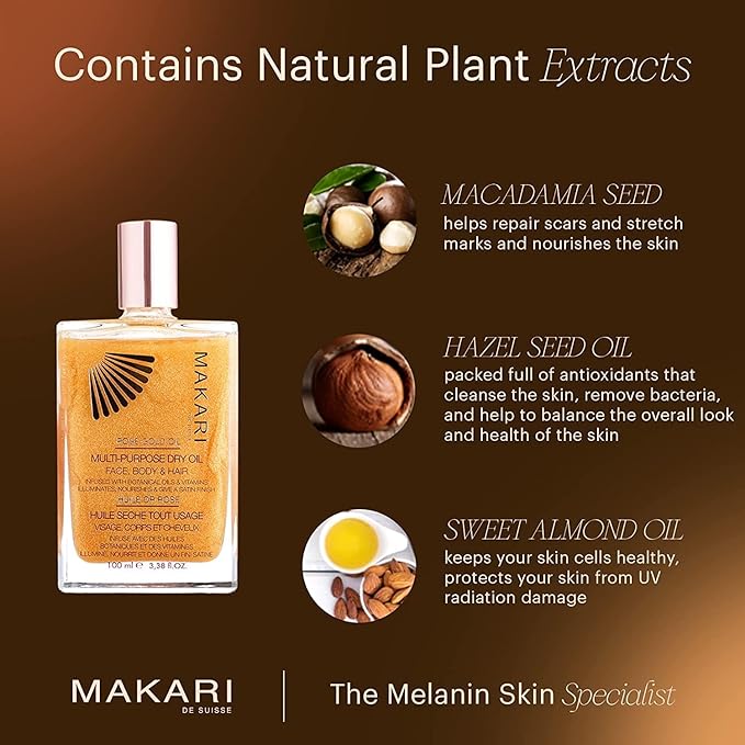 Makari 24K Rose Gold Multi-Purpose Dry Shimmer Oil (3.38 fl oz) | Body Shimmer Oil for Face, Hair and Body | Shimmer Body Oil with Real Gold Flakes | Luxurious Dry Body Oil and Shimmering Body Oil