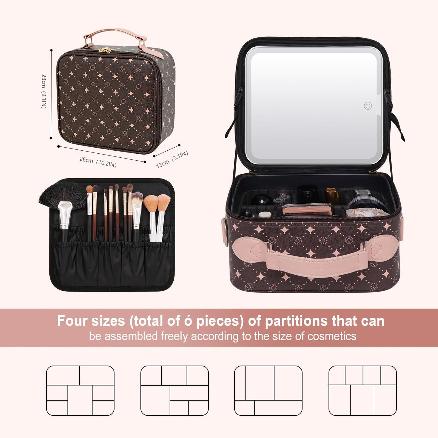 Travel Makeup Bag With 360° rotating LED Mirror,Waterproof cosmetic organizer,Portability Cosmetic case,Makeup organizer,Gift for Women,Girls Gift (Coffee + Pink)