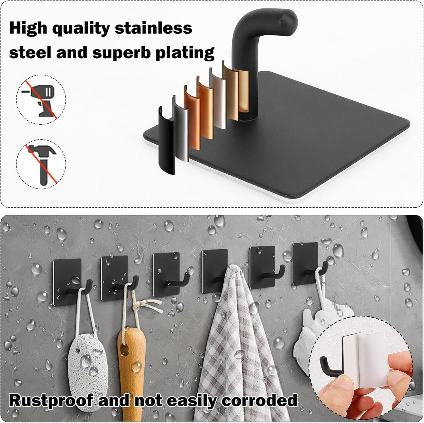 Livabber Adhesive Towel Hooks, 304 Stainless Steel Self Sticky Wall Hooks Waterproof Shower Hooks for Robe/Clothes, No Drilling Towel Hangers for Bathroom Kitchen Bedroom (Black, 10 Packs)