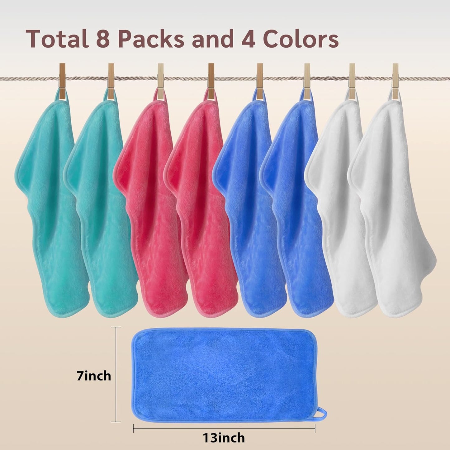 Nugilla Reusable Makeup Remover Cloths, 8 Packs Microfiber Cleaning Cloth Fast Drying Facial Washcloth, Ultra Soft Washing Towel for All Skin, 7 x 13 inch Green/Pink/Blue/White