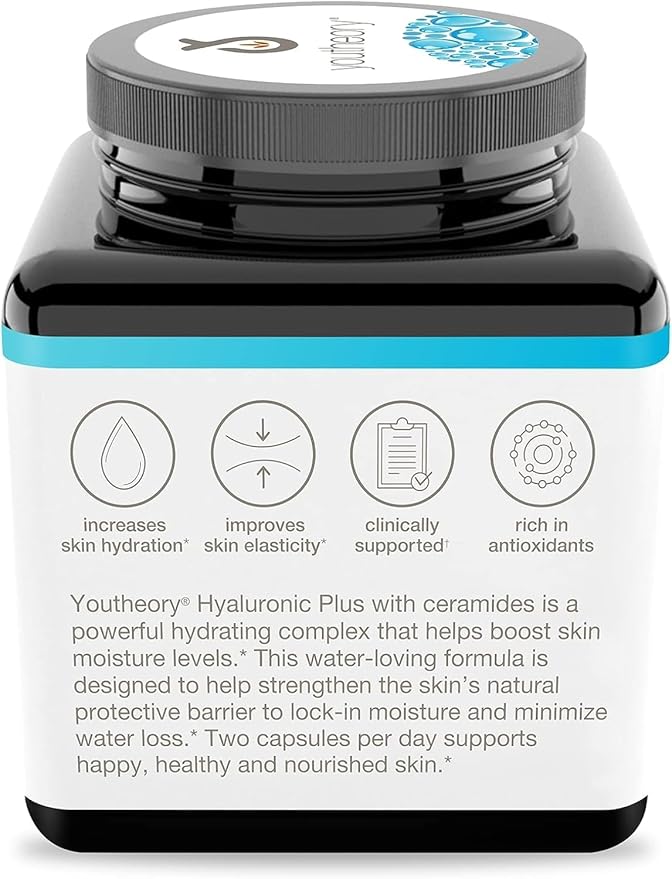 Youtheory Hyaluronic Plus - Hyaluronic Acid Supplement with Ceramides, Vitamin C, Biotin & More - Supports Healthy Skin* - 60 Vegetarian Capsules