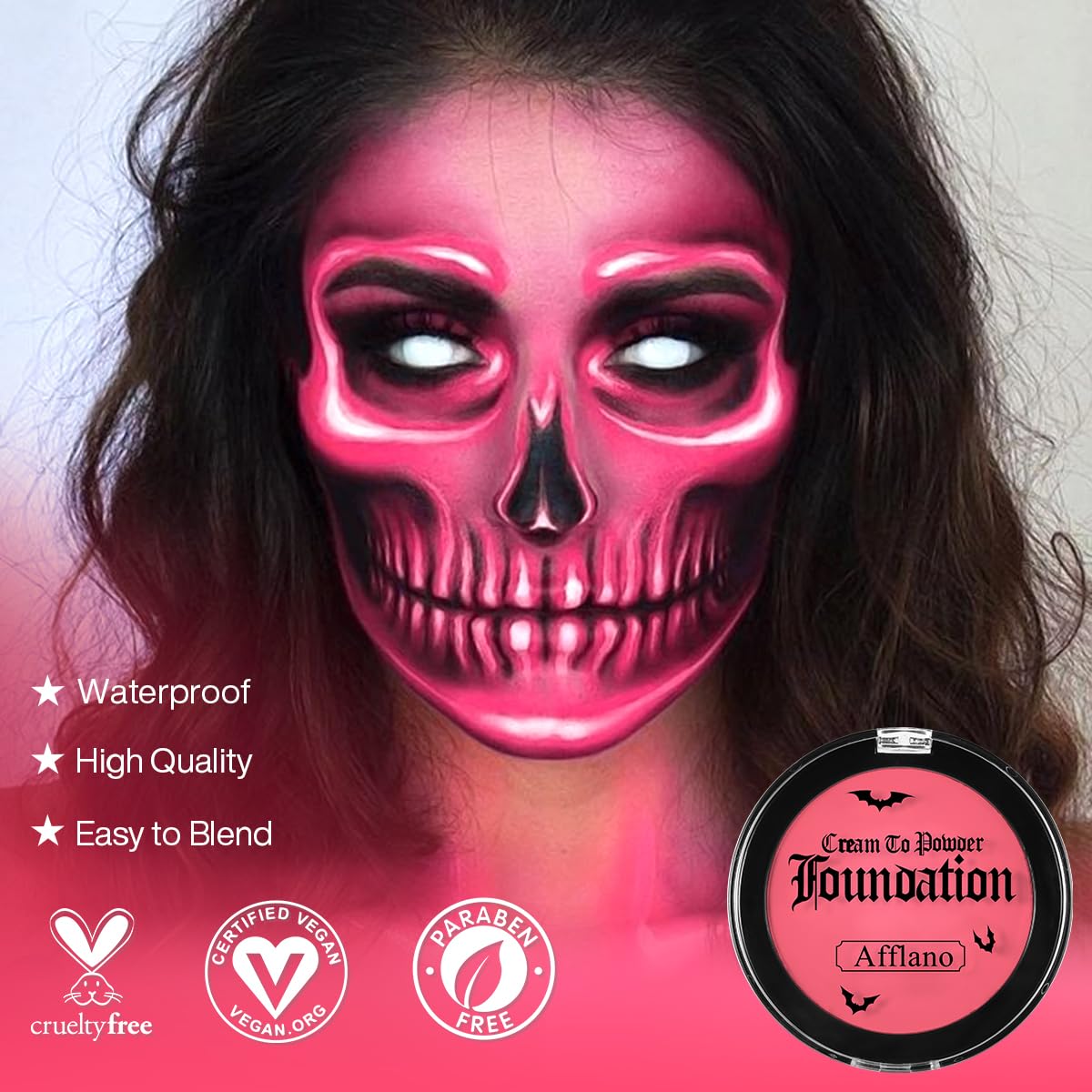 Pink Face Body Paint Cream to Powder Foundation Makeup, Pro Multi-Use Face Painting & Cream Blush for Pink Halloween FX Makeup, Non Toxic Washable Long Last Facepaint for Skull, Goth, Parties, Cosplay