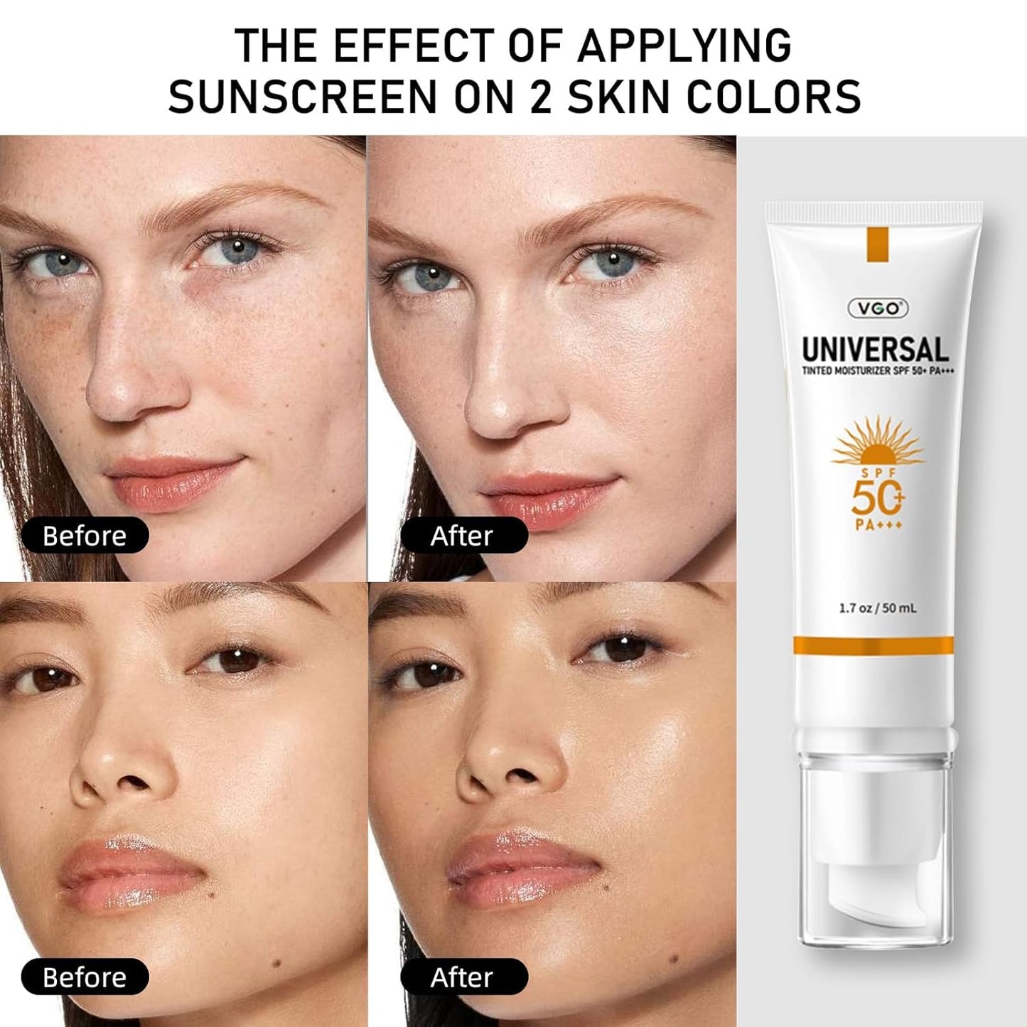 VGO Tinted Sunscreen SPF 50, Hydrating Sun Essence Face Leaves No Sticky Feeling Travel Size Sunscreen Against UVA and UVB Rays 50ml / 1.7oz - 2 Packs