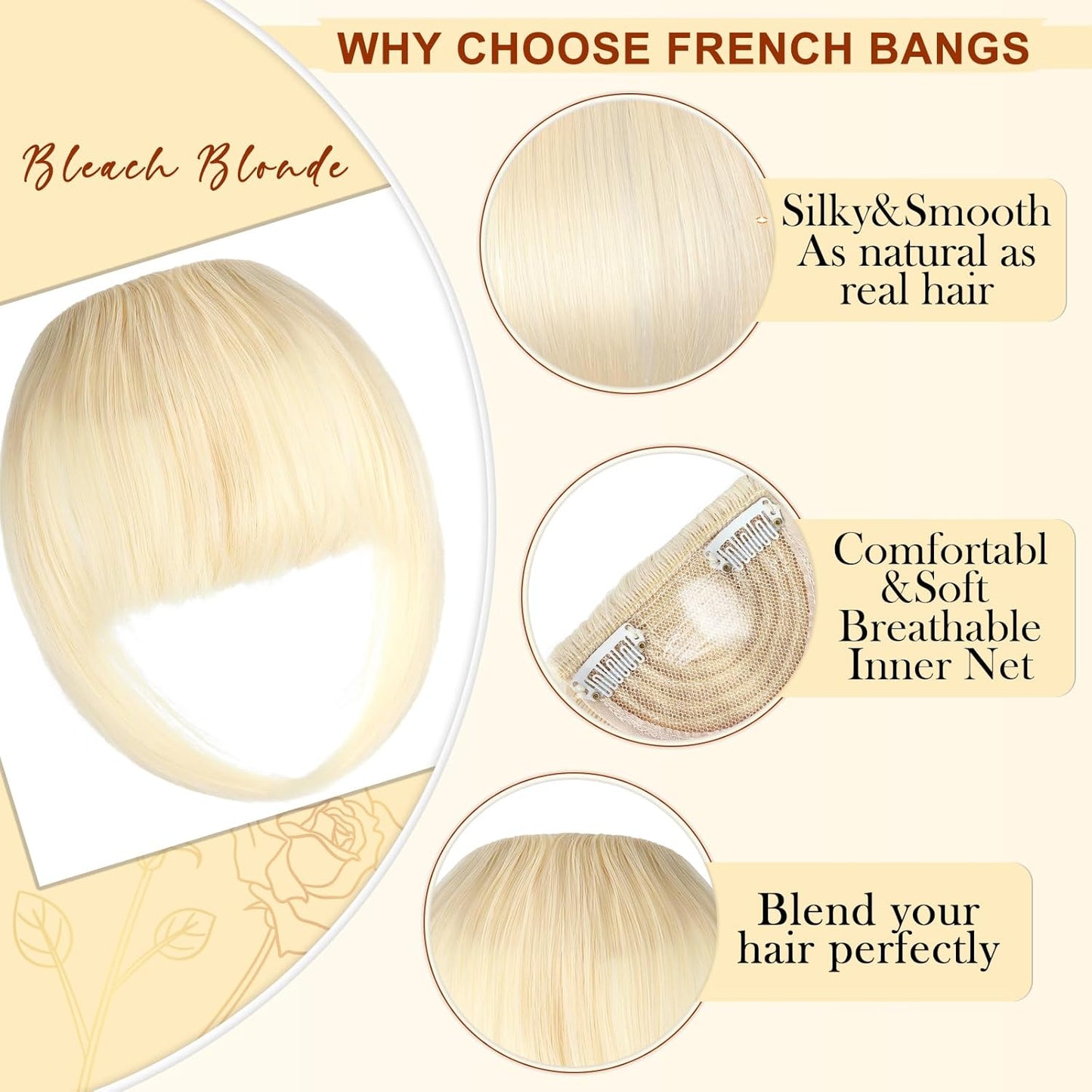 Natural Clip on Bangs and Hair Extensions, Faux Blonde French Bangs with Temples for Daily Wear